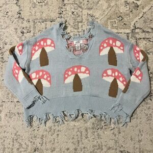 Just Polly Crop Sweater Mushroom Print Distressed Edges Size XS Fairy Boho